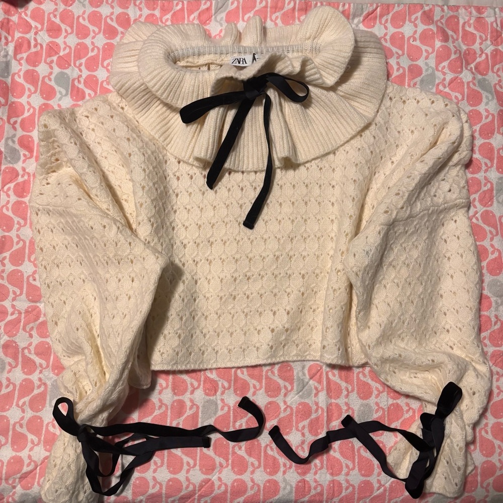 NWT ZARA Bloggers Fav Cream Alpaca Blend Ruffle Collar Bishop Sleeve Sweater M - Picture 7 of 11